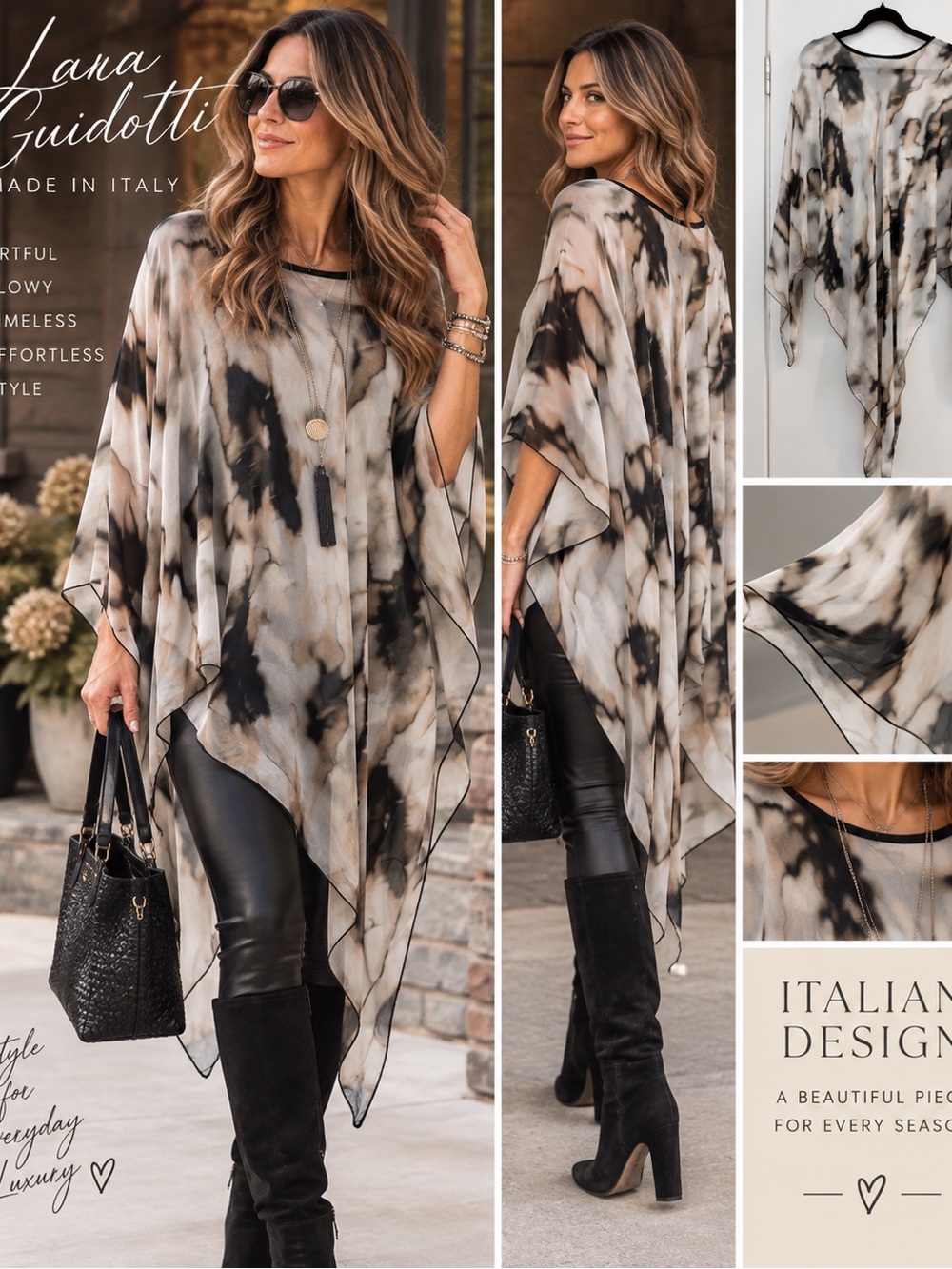 Lara Guidotti Italy Silk Blend Abstract Poncho Tunic M